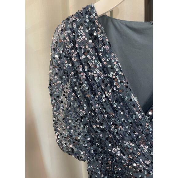 Mac Duggal Blue Draped Sleeve V-Neck Gown Slate Blue 5640 Size 4 NWT Sequins - Picture 5 of 16